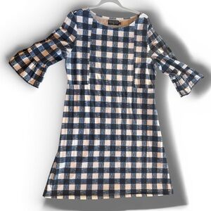 Duffield Lane Navy Gingham Checkered Dress with Peplum Sleeves size L